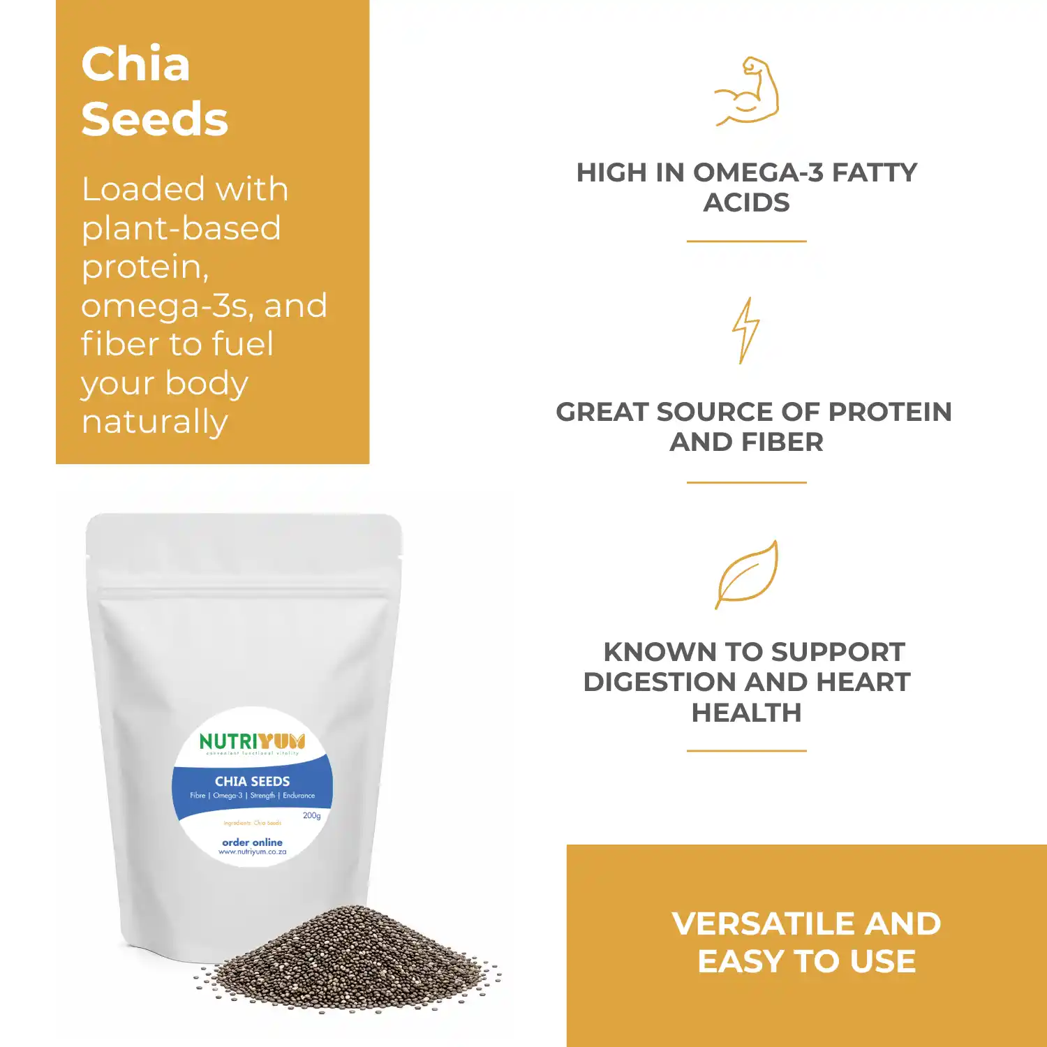 Buy chia seeds online from Nutriyum, a source of plant-based omega-3, protein and fibre