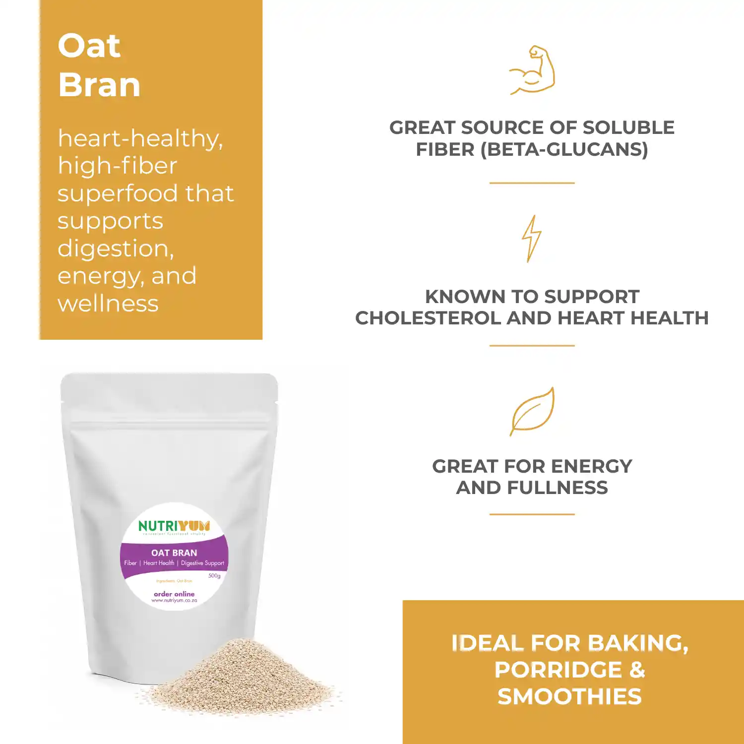 Buy oat bran online from Nutriyum, a high-fibre oat bran with naturally occurring beta-glucans