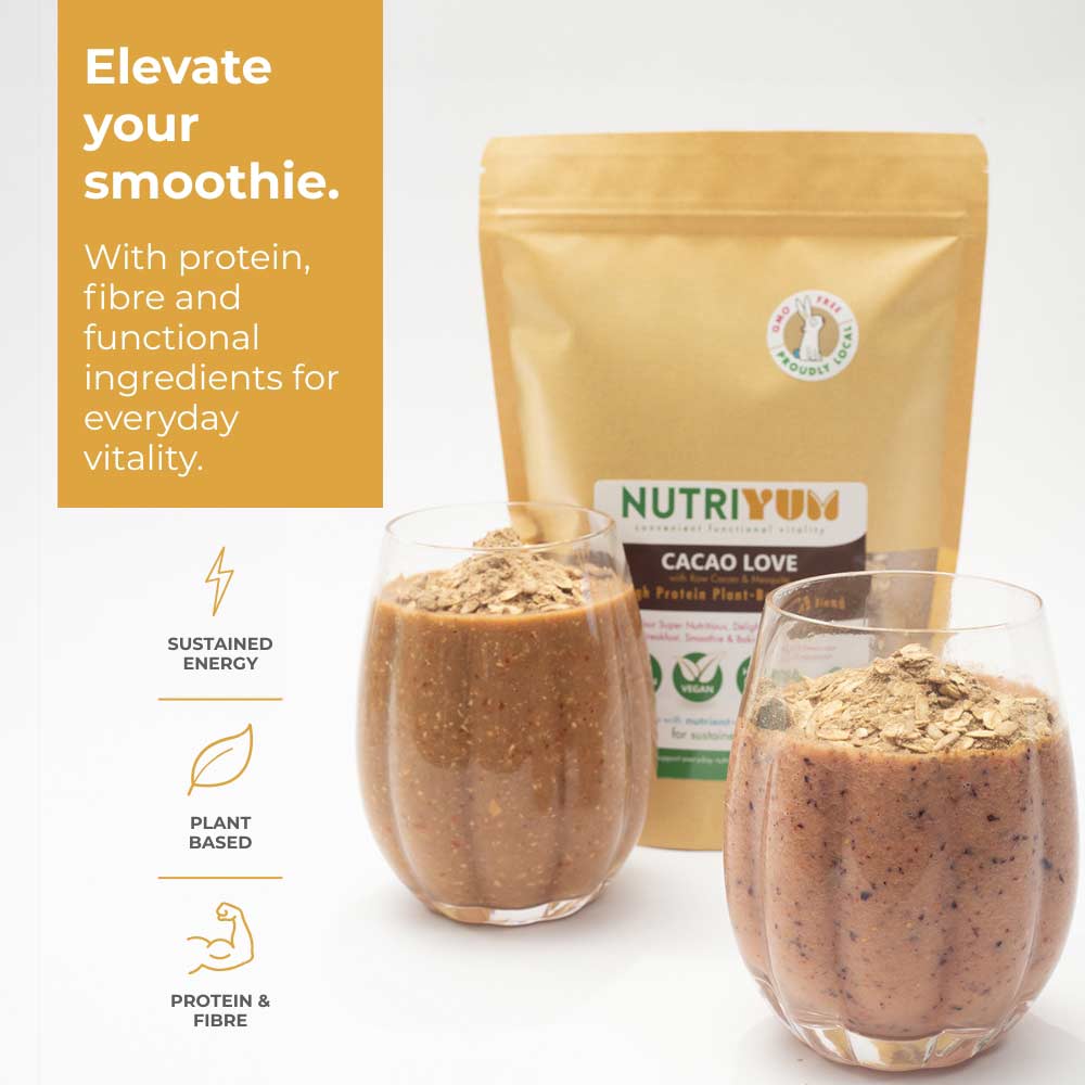 Nutriyum Cacao Love high protein plant-based cacao blend added to nutritious smoothies for sustained energy and everyday vitality