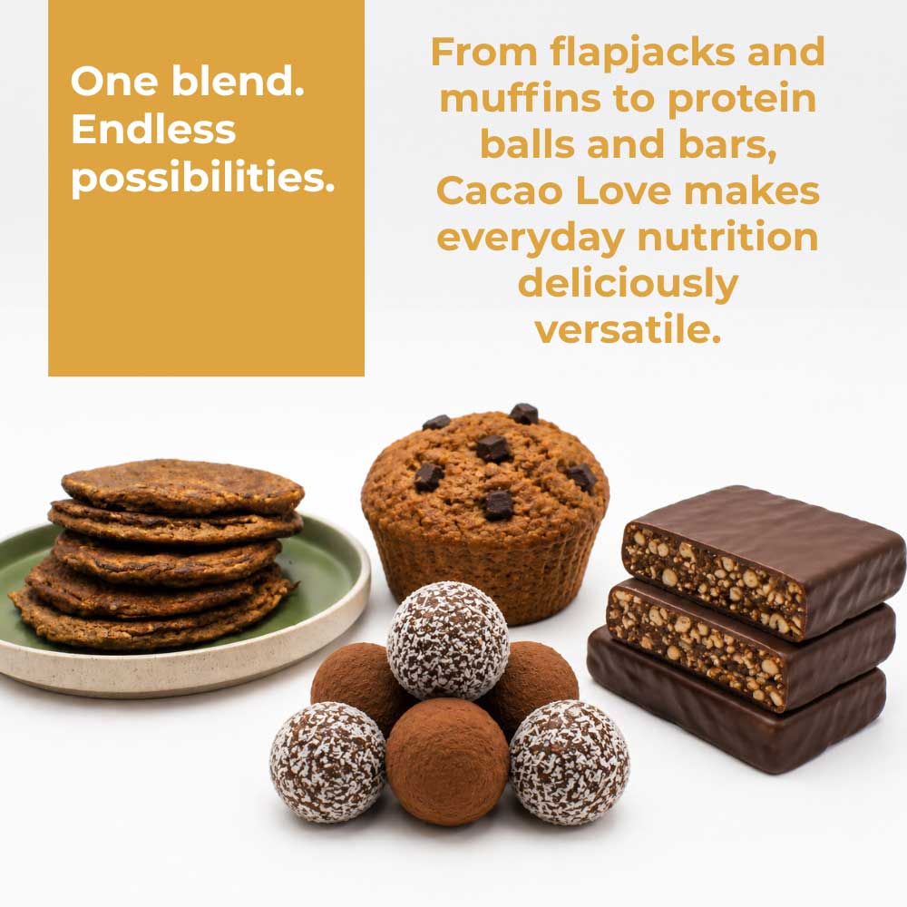 High protein plant-based cacao blend used in flapjacks muffins protein balls and bars