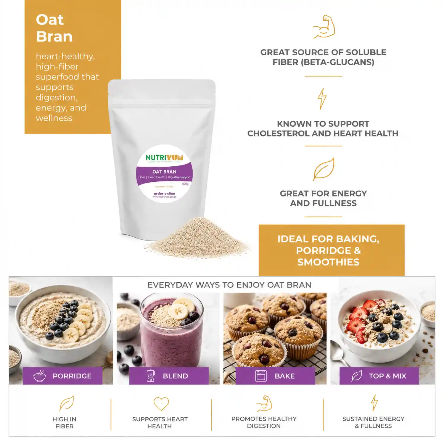 Ways to enjoy oat bran in porridge, smoothies, baking and yoghurt breakfast bowls