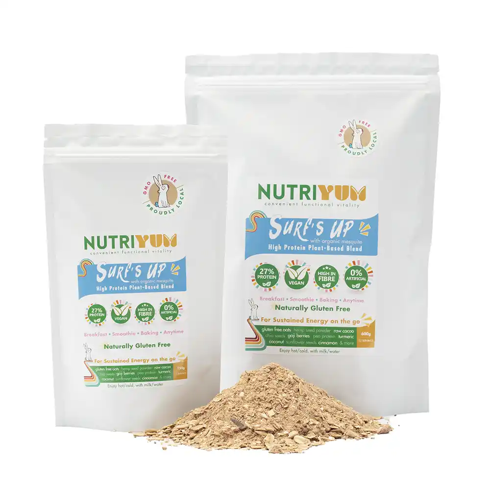 Surf’s Up gluten free protein blend in 150g and 600g packs with plant-based blend