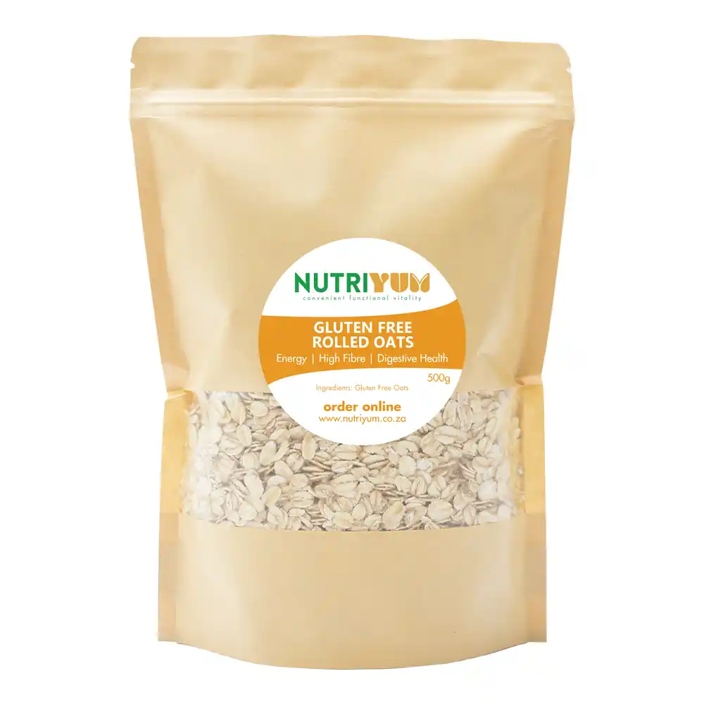 Nutriyum gluten free rolled oats in a 500g kraft pouch